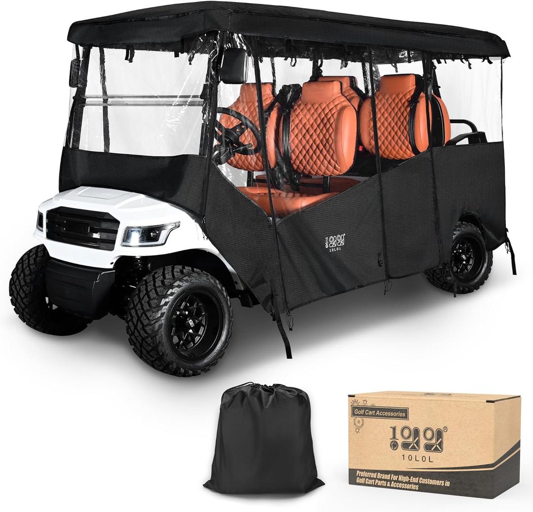 6 Passenger Golf Cart Enclosure Rain Cover Drivable Universal Fit 4+2 Seat Club Car EZGO RXV TXT Yamaha, 4 Sided Black, Roof Within 122 Inch