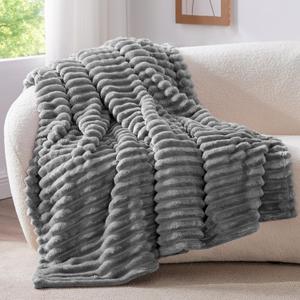 BEDELITE Fleece Throw Blanket for Couch - 300GSM Soft & Warm Fluffy Grey Blanket, Decorative and Giftable Striped Blankets for Women, Men, 50"x60" (Throw(50"x60"), Grey)