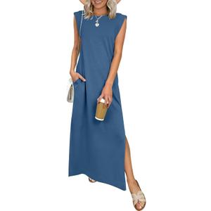 ANRABESS Women Summer Casual Sleeveless Maxi Dress 2026 Crewneck Loose Split Wrinkle-Free Beach Travel Vacation Long Sundress (Medium, Deep Blue)
