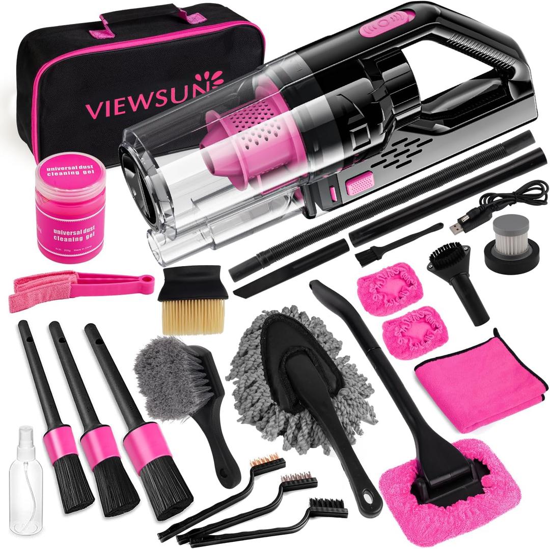 Viewsun Car Vacuum Cordless Rechargeable, 8000PA High Power Handheld Vacuum Cleaner with 19PCS Car Cleaning Kit, Pink Auto Accessories for Women Gift