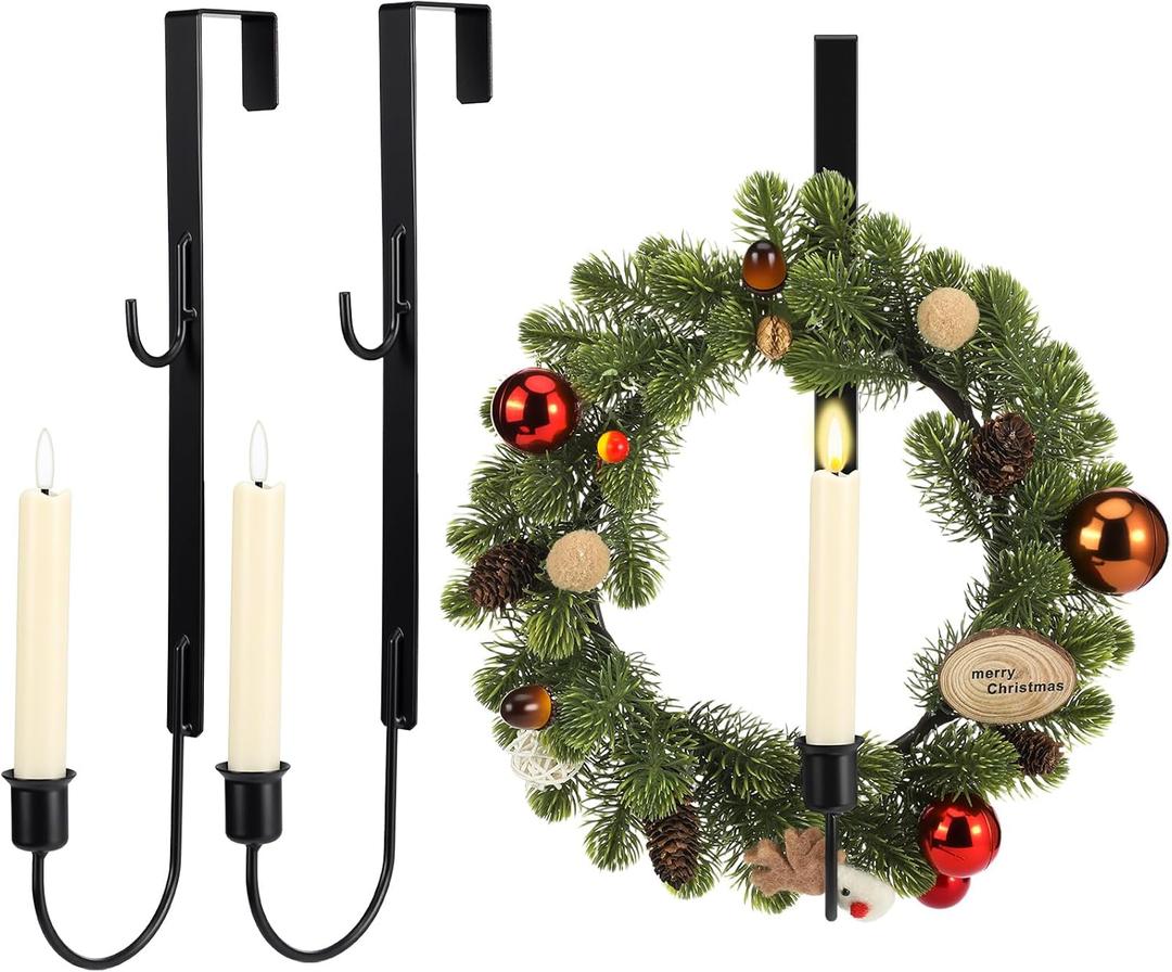Amyhill 2 Pcs Christmas Wreath Hanger for Front Door with Holder 15 Metal Wreath Hanger Hook with 2 Battery-Operated for Christmas Holiday Front Door Decor