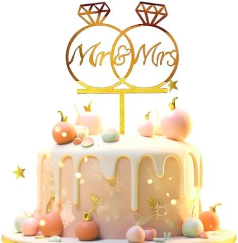 Gold "MR & MRS" Acrylic Cake Topper - 2 Diamond Ring Patterns for Proposal and Wedding Party Cakes and Cupcakes