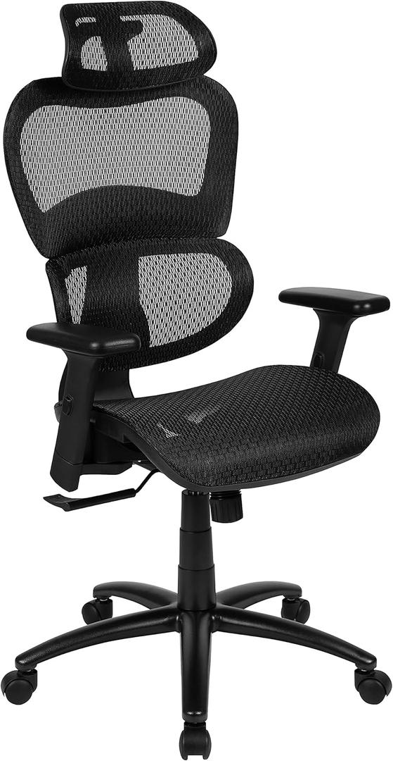 Flash Furniture LO Ergonomic Mesh Office Chair with 2-to-1 Synchro-Tilt, Adjustable Headrest, Lumbar Support, and Adjustable Pivot Arms in Black