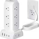 Power Strip Tower, SUPERDANNY 12 Outlets with 35W USB(2 USB-A & 2 USB-C) Charging Station, 1625W/13A, 1700J Surge Protector, 6.5ft Flat Plug Extension Cord with Multiple Outlets for Home, Office, Dorm (White)