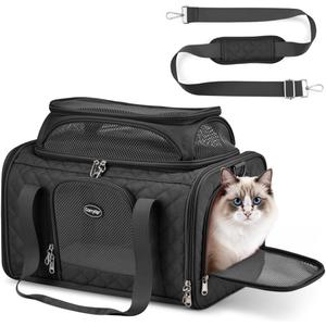 Cat Carrier Airline Approved 17x11x9.5 Inches, Top Expandable Soft Sided Pet Travel Carrier for Cats & Small Dogs, Fits Under Airline Seat with Locking Zippers, Black
