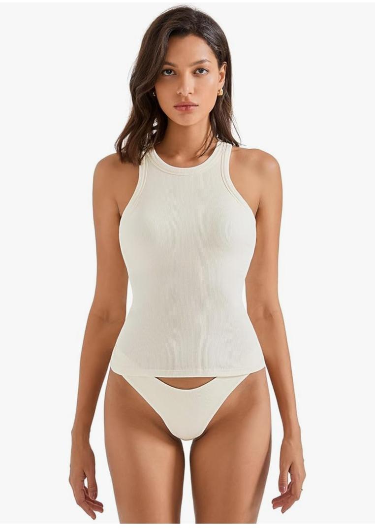 Women Padded Cotton Ribbed Tank Tops 2025 High Neck Racerback Basic Tops Extra Large, Cream White 