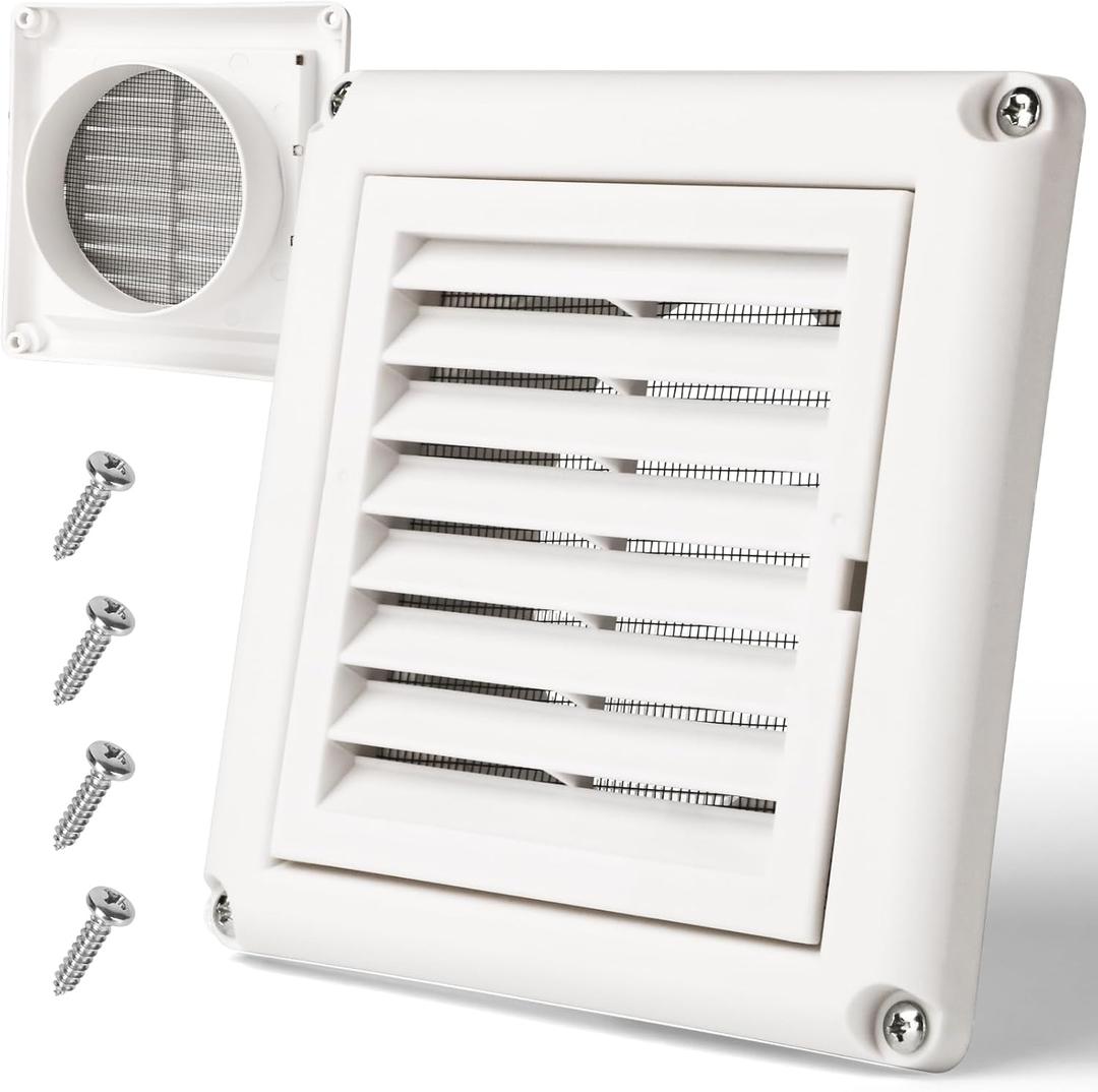 BEWAVE Dryer Vent Cover, Outdoor Exhaust Louvered Air Vent Cover for 4" Pipe with Screen 4 Screws for Long-Lasting Durability & Easy Installation, 6" x 6" Size