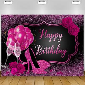 Pink Happy Birthday Backdrop Banner for Women Girls Heels Happy Birthday Banner Pink Rose Champagne Photography Backdrop for Women 18th 30th 40th 50th 70th Party Decorations 7x5Ft (82x59 inch)