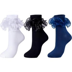 Dicry Women Big Ruffle Socks Double Lace Turn Cuff (White Black Blue, 3 Pairs)