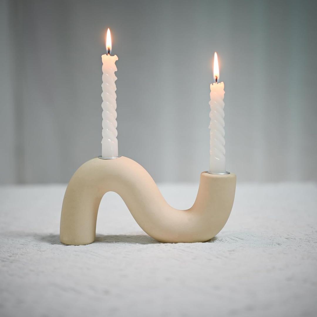 Ceramic Candle Holder, Modern Taper Candlestick Holder for Dining Table, Living Room Coffee Table, Candelabra for 2 Taper Candles (Cream)