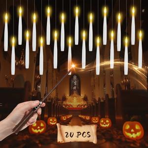 Floating Candles with Wand, 20 Pcs Magic Hanging Flameless LED Candles, Battery Operated Flickering Lights with Wand Remote for Halloween Indoor Decor, Halloween Decorations Party Gift