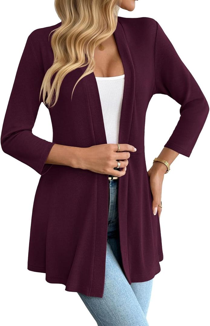 Bettysays Cardigan for Women 3/4 Sleeves Open Front Spring Summer Lightweight Cute Flowy Skirt Hem Cardigans (X-Large, A-08 Burgundy)