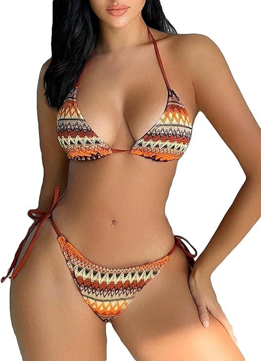 Women's Boho Geo Print Cute Bathing Suit High Waisted Halter Tie Back Swimsuit Bikini Set M