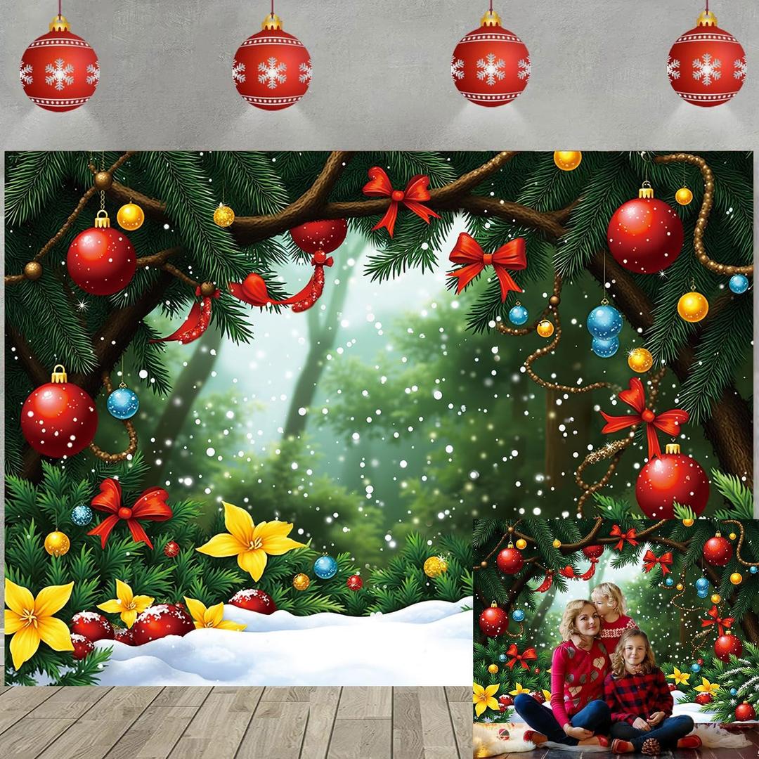 2 x Christmas Backdrop for Photography Cartoon Green Forest Pine Snow Xmas Party Banner Kid Christmas Party Decoration Photo Booth Props (7X5FT)