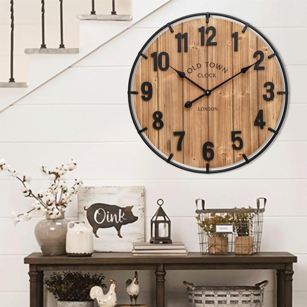Large Old Town Farmhouse Wall Clock 24 Inch Rustic Antique Wood with Metal Circle and Large Numerals Silent Battery Operated Wall Clock for Office Kitchen Bedroom Living Room (Brown)