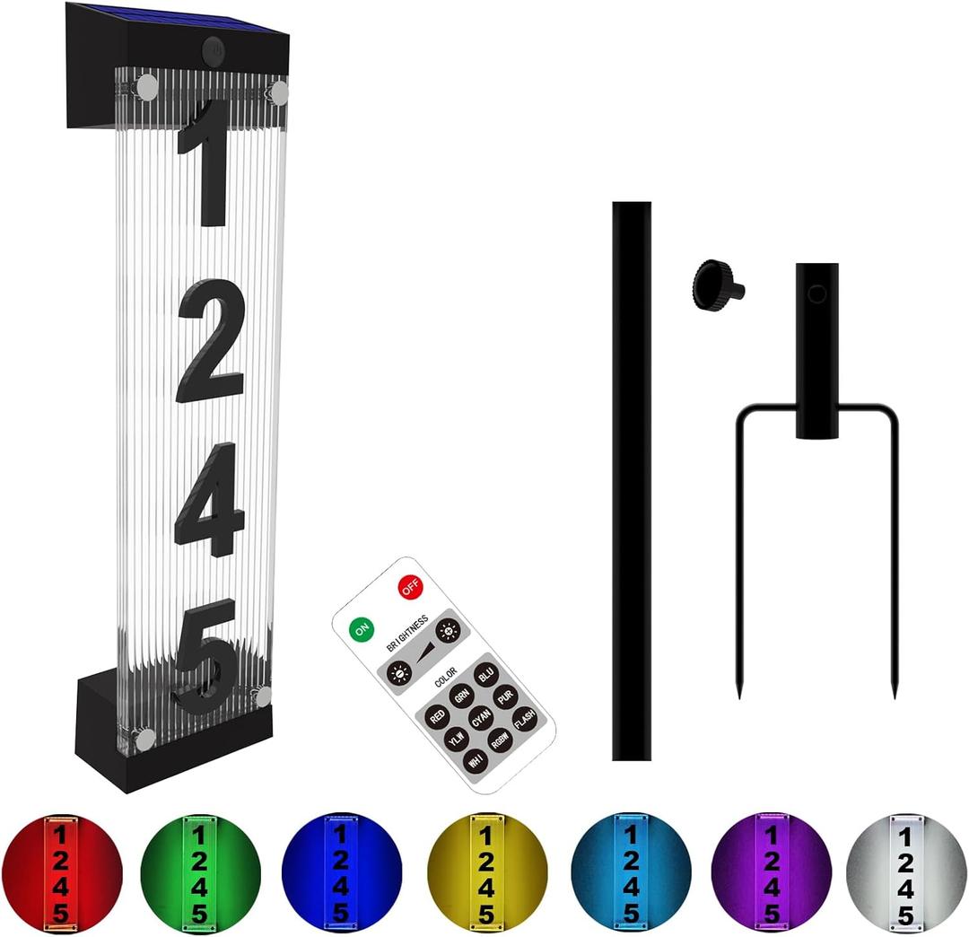 Solar House Number, Solar Address Number with 3D Acrylic Number Iron Stakes Colorful light Remote Control, Lighted Modern Address Sign Solar Powered for outside Home Yard Street