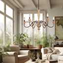 French Country Chandelier, Farmhouse 6-Lights Vintage Rustic Candle Style Chandelier Light Fixture, Retro Handmade Distressed Wood Chandelier for Dining Room, Living Room, Bedroom, E12