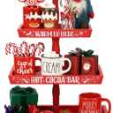 Christmas Hot Chocolate Bar Wood Cocoa Station Decorative Storage Box 3 Tier Chocolate Station Farmhouse Christmas Decorations for Home Office Kitchen Winter Gift(Red)