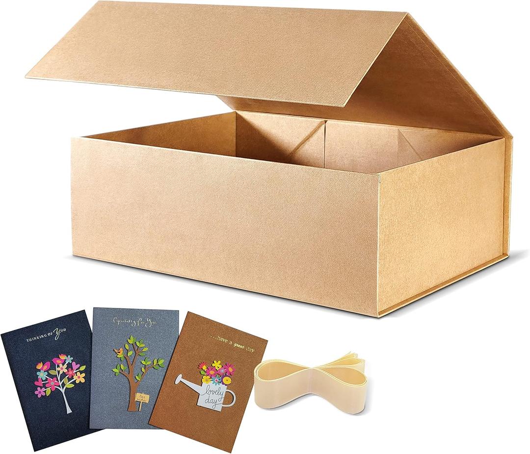 BOXHOME 3 Pack Large Gift Box, Brown Kraft, 13x10x5 inch with Magnetic Lids Gift Packaging Box, Groomsmen Boxes for Presents Contains Card, Ribbon, Foldable