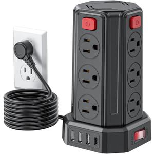 Power Strip Surge Protector, 6.5 Ft Extension Cord with 12 AC Multiple Outlets 4 USB (1 USB C), SMALLRT Power Tower Desktop Charging Station (Black, 6.5 Ft)
