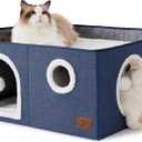 Bedsure Large Cat Beds for Indoor Cats - Extra Wide Cat Cube House for Small Pet with Fluffy Ball Hanging and Scratch Pad, Foldable Pet Cave Hideaway for Multiple Cats, 23.6x16.9x13 Inches, Blue