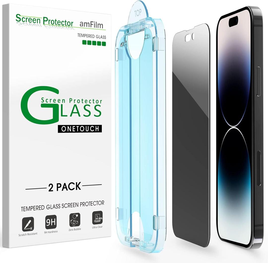 amFilm Auto-Alignment OneTouch for iPhone 14 Pro Max [6.7''] Privacy Screen Protector,Tempered Glass, 30 Seconds Installation, Bubble Free, Case Friendly, Anti-Scratch [2Pack]