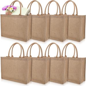 8 Pack Jute Tote Bags with Handles, 15.4''x12.2''x5.9'' Waterproof Gym Shopping Travel Gift Bag, Large Natural Blank Burlap Tote for Grocery Shopping, DIY, Weddings, Travel, Beach, Party