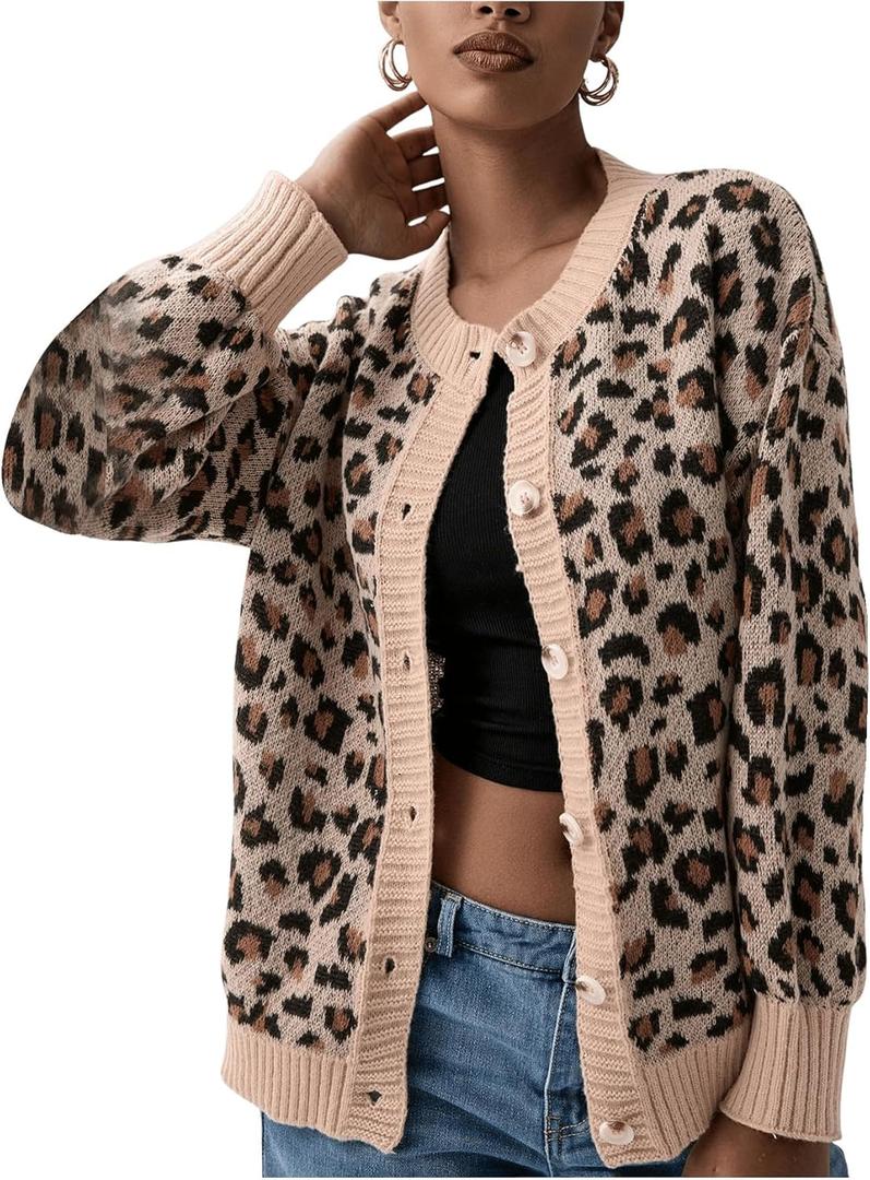 Women's Leopard Print Cardigan Button Front Cardigan Sweaters Crew Neck Drop Shoulder Long Sleeve Knit Tops (Medium, Apricot)