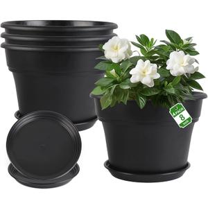 Myfeegoin 8-inch-Plant-Pots-Indoor-Outdoor, 4 Pack Plastic Planters with Drainage Holes & Saucers, Resin Flower Pots with Trays, Classic Garden Pot Container for House (Black)