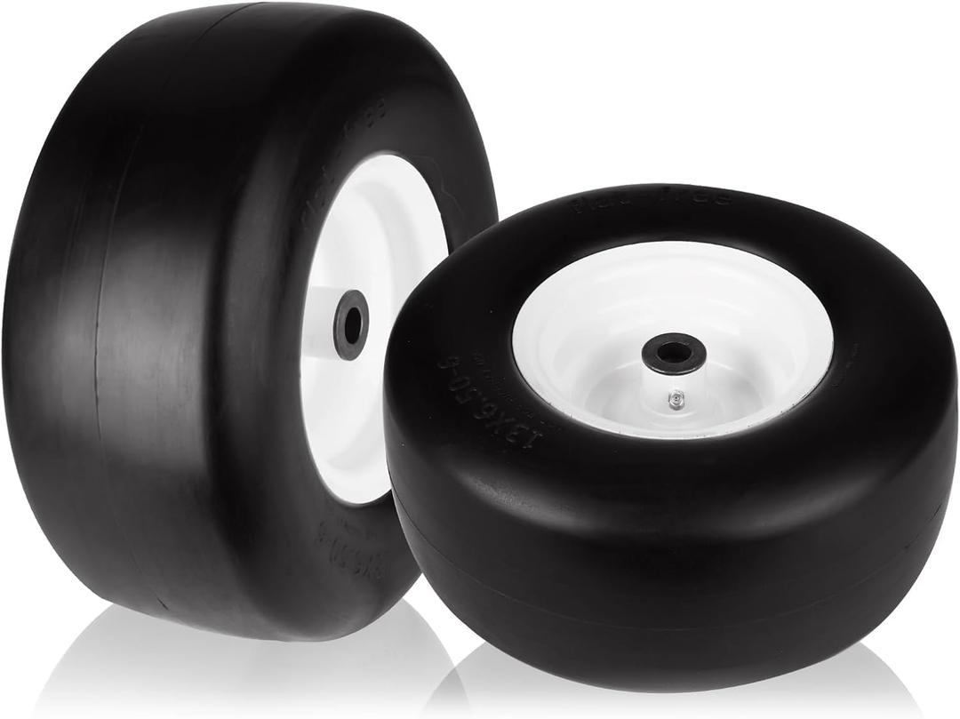 2Pcs 13x6.50-6" Flat Free Tire and Wheel, 13x6.50-6 Zero Turn Mower Tires, Smooth Tread Lawn Mower Tire with Rim for Commercial Grade Lawn Mowers Deck 66"& Below | 4-7.1" Centered Hub | Bore ID 5/8"