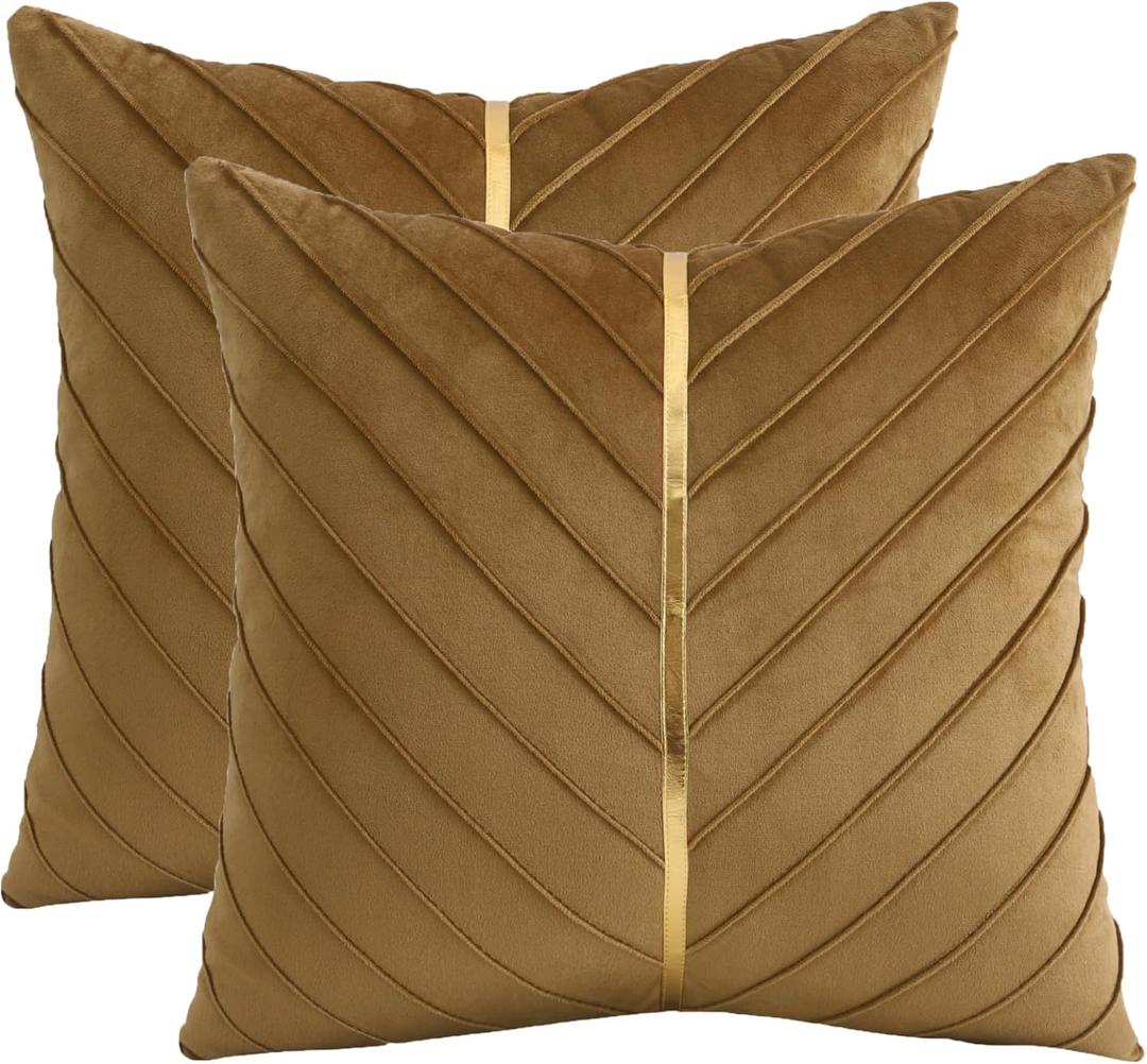 Tosleo Brown Velvet Throw Pillow Covers 22x22 inch Pack of 2 with Gold Leather Decorative Couch Pillow Cover Luxury Modern Pillowcases for Living Room Bedroom Sofa Cushion Bed