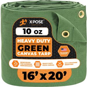 Xpose Safety Canvas Tarp - 10oz Green Canvas Tarps Heavy Duty Water Resistant with Brass Grommets- Multipurpose Outdoor Tarpaulin for Camping, Canopy, Trailer, Equipment Cover 16' x 20'