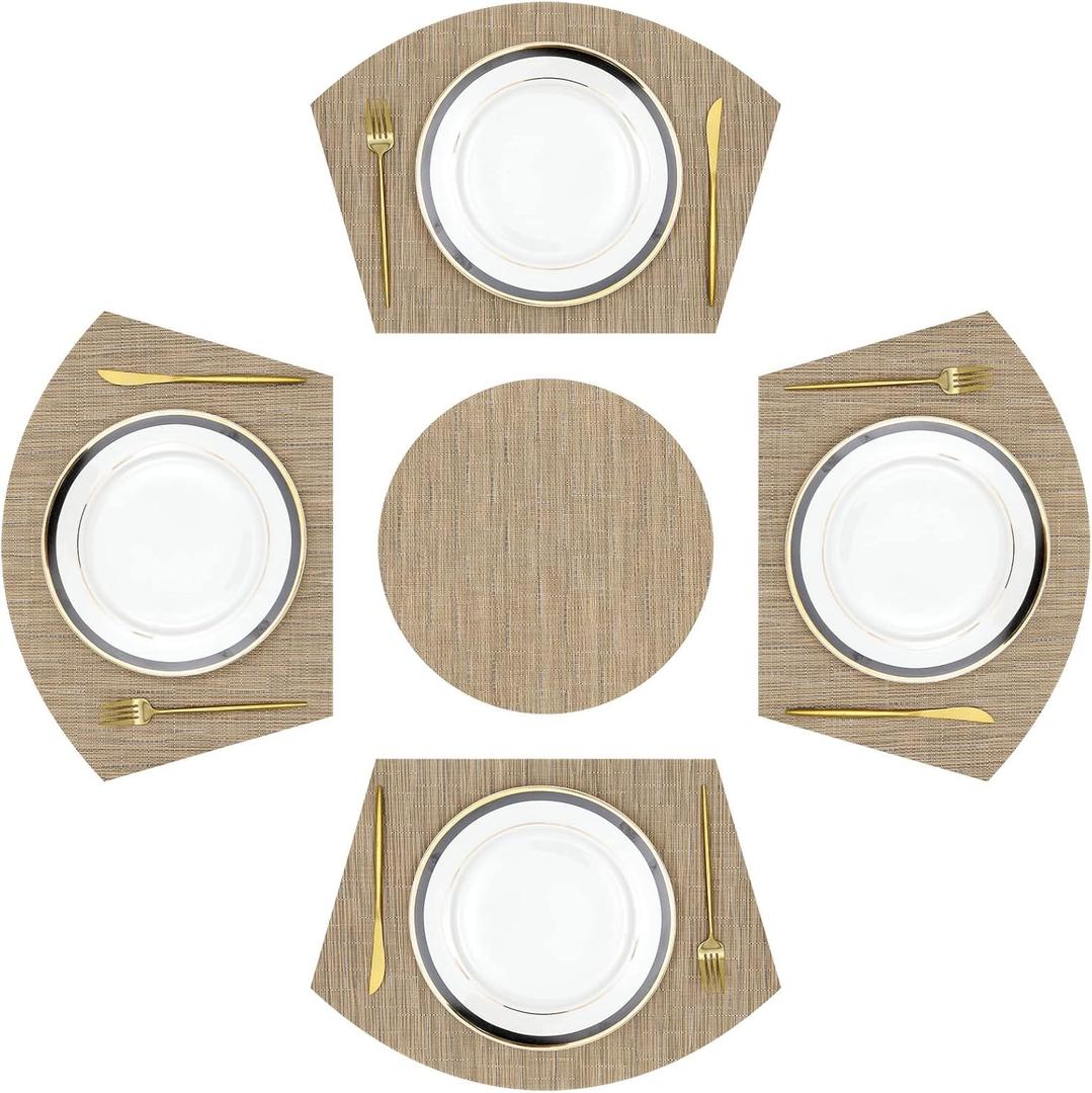 SHACOS Large Size Wedge Placemats with Centerpiece Mat Set of 5, PVC Woven Vinyl Placemats for Round Table Washable Indoor Outdoor Table Mats Reversible Durable, Tan