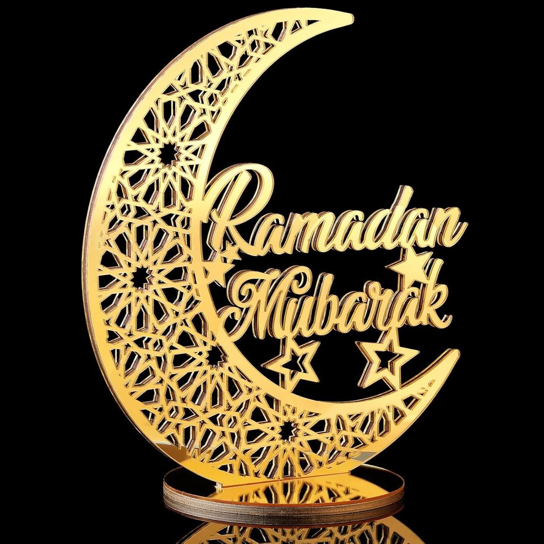 Acrylic Wooden Islamic Ramadan Decoration - 10 Inch Eid Tabletop Decors Ramadan Mubarak Centerpiece Islamic Mosque Muslim Table Sign Decoration Home Decor for Gift Eid Tabletop(Gold)