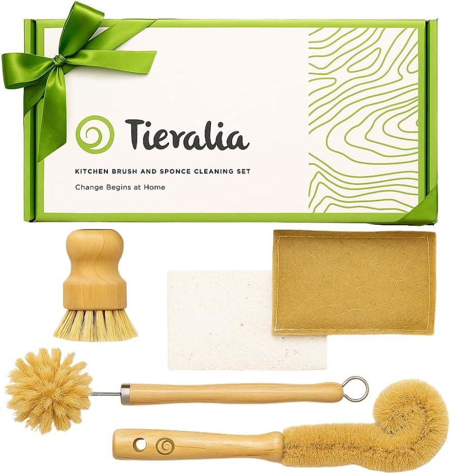 Tieralia Bamboo Dish Brush Gift Set 5-Piece Kitchen Cleaning Set with Bottle Brush, Round Scrub Brush, Palm Brush & 2 Plant-Based Sponges | Wooden Handle Cleaning Tools for Dishes & Surfaces