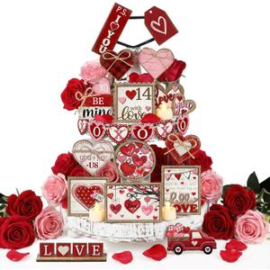 Moucuny 24 Pcs Vintage Farmhouse Valentine's Day Tiered Tray Decor Set Heart Wooden Valentine Table Centerpieces Love Heart XOXO Wooden Signs for Home Decor