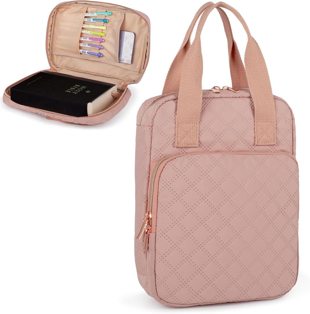 Bible Cover for Women, Bible Case with Handles,Carrying Bible Bag Scripture Case Church Bag Bible Protective with a Zippered Front Pocket & Velcro Back Pocket (Medium, Pink)