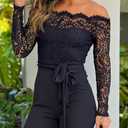CHICME Womens Dressy Jumpsuits Casual One Piece Outfits Off Shoulder Lace Trim Overalls Straight Leg Pants (Black, M)