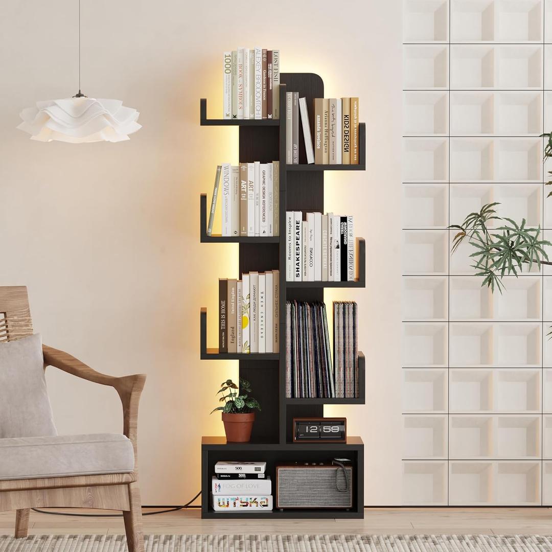 Qupui 6 Tier Book Shelf with LED Lights, Floor Standing Bookshelf, Classical Corner Kids Bookshelf, Tall Wood Book Storage for Bedroom, Living Room, Home Office