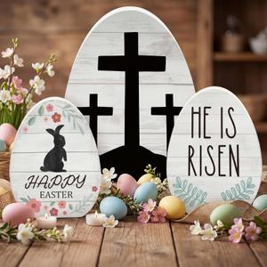 Threan 3 Pcs Easter Table Decoration Easter Egg Table Wooden Signs Christian Tabletop Centerpiece Religious Decorations for Home Dining Room Party Office Decor