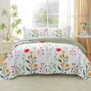 Botanical Quilt Set Queen Size Summer Lightweight Coverlet, Colorful Floral Bedspread Coverlet Set, 3 Pieces Soft Microfiber Plants Pattern Quilt Bedding Set for All Season (96"x90")