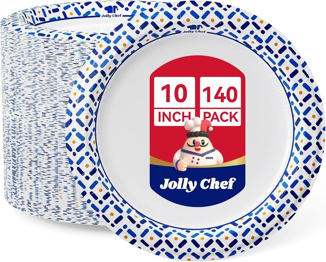 JOLLY CHEF 10 Inch Paper Plates 140 Count, Soak-Proof, Cut Proof, Disposable Heavy Duty Plates for Picnic, Family Gatherings, Parties