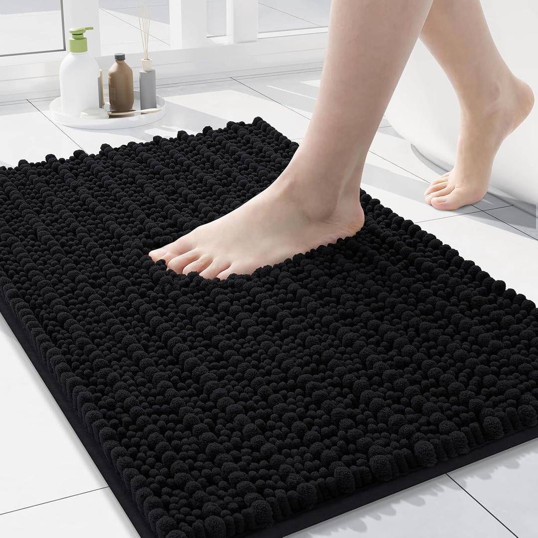 Arotive Luxury Chenille Bathroom Rug Mat, Extra Soft Thick Absorbent Shaggy Bath Rugs, Non-Slip Machine Wash Dry, Plush Bath Mats for Bathroom, Shower and Tub, 24x16, Black