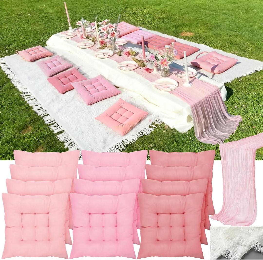 Extra Large Outdoor Picnic Blanket with Table Runner and Floor Pillow Cushion for Picnic Wedding Birthday Baby Shower Backyard Decor(71 x 150'',Pink,15 Pcs)