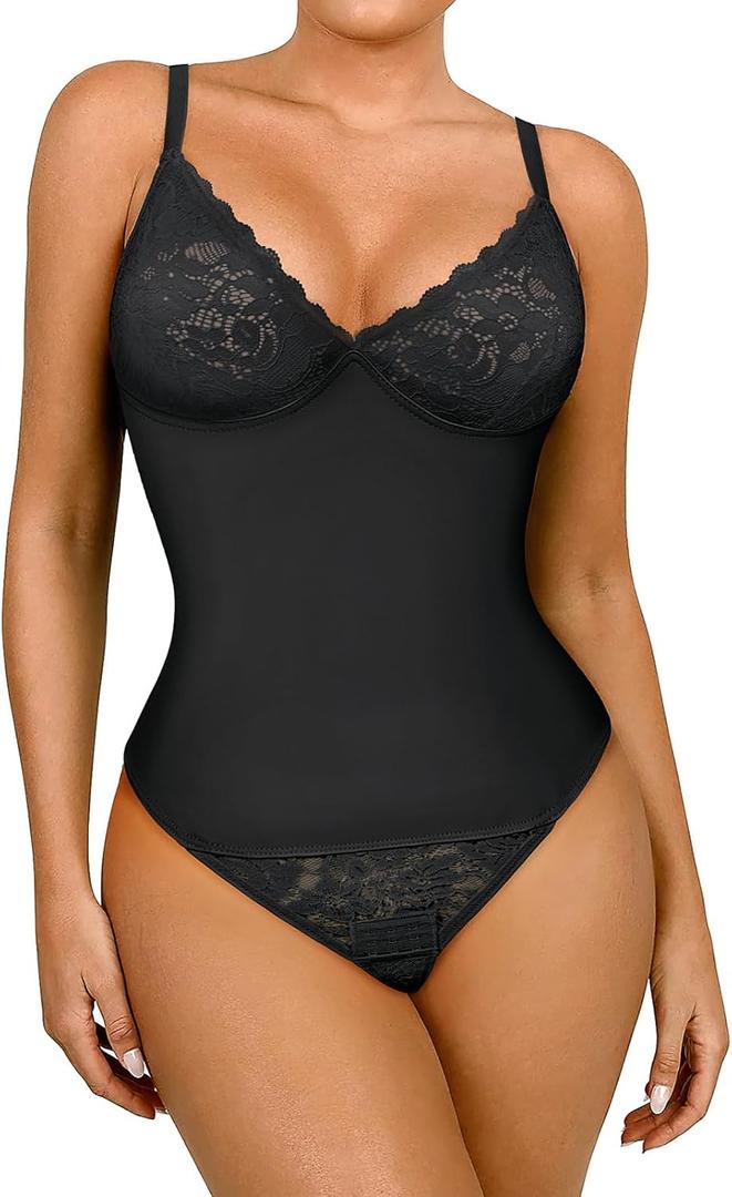 BLEVONH Womens Lace Bodysuit Tummy Control Shapewear Spaghetti Strap Bodycon Seamless Body Shaper (Medium, Black)