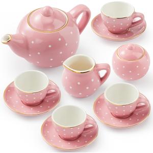 JOYIN Porcelain Tea Set, 12PCS Pink Tea Party Set Teapot, Cups, Saucers & Carrying Case, Ideal for Christmas Birthday Gifts