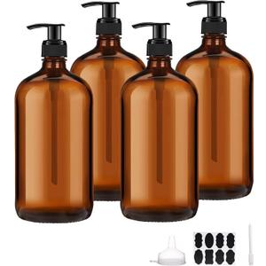 4 Pack 32 oz Amber Glass Pump Bottles, Glass Dispenser Bottles with Pump, Boston Round Bottles with Pumps for Shampoo and Conditioner, Body Shower, Lotion, Soap, Massage Oils