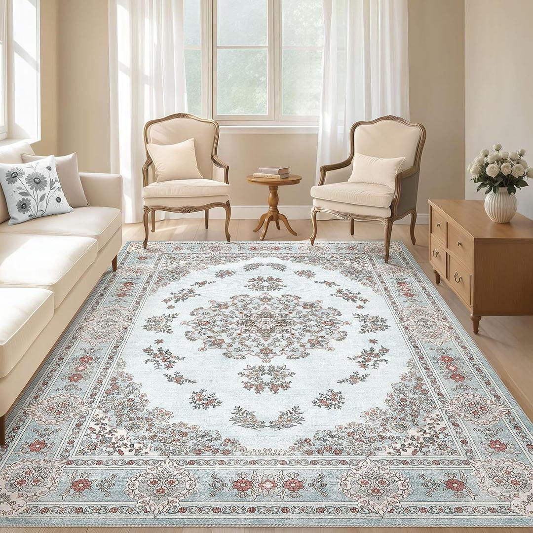 8x10 Area Rugs Living Room: Washable Boho Large Neutral Floral Rug Soft Farmhouse Indoor Floor Vintage Non Slip Carpet for Bedroom Boys Nursery Kids Playroom Dorm Dining Room Office Home- Blue (8' x 10', Color Blue)