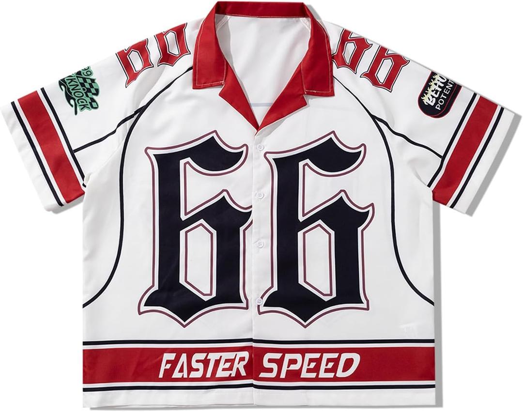 Men's Retro Button Down Jersey Shirts Number Graphic Collared Baseball Shirt Short Sleeve Streetwear (Medium, Red and White)