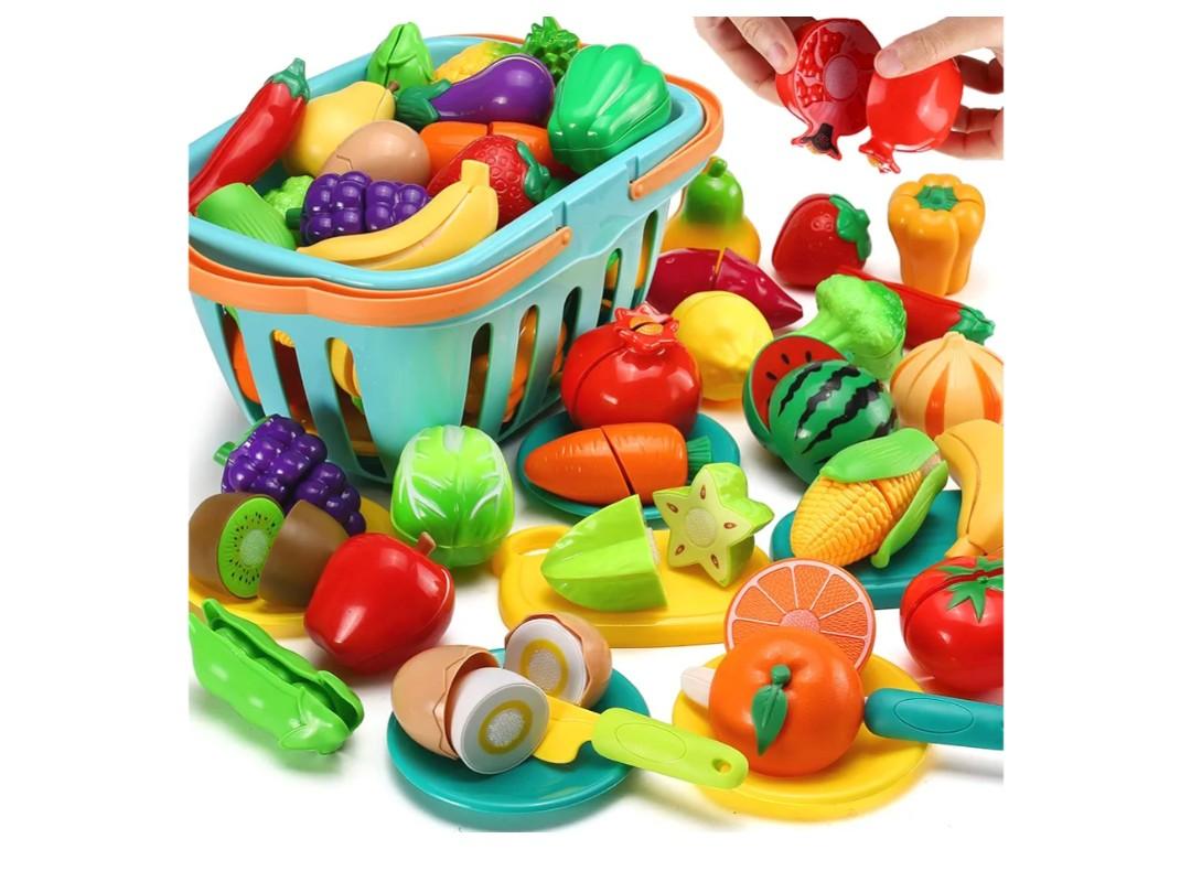 13 PCS Cutting Play Food Toy for Kids Kitchen, Pretend Fruit &Vegetables Accessories with Shopping Storage Basket, Plastic Mini Dishes and Knife, Educational Toy for Toddler Children Birthday Gift
